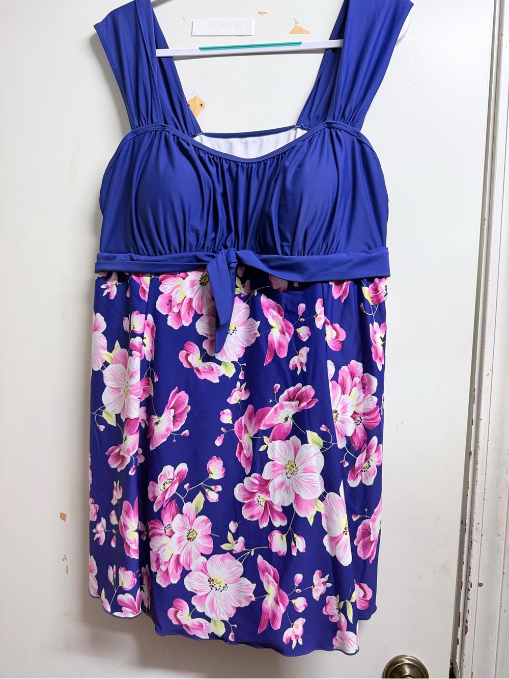 Amazon Women's One-Piece Swimdress in Royal Blue with Pink Floral Print